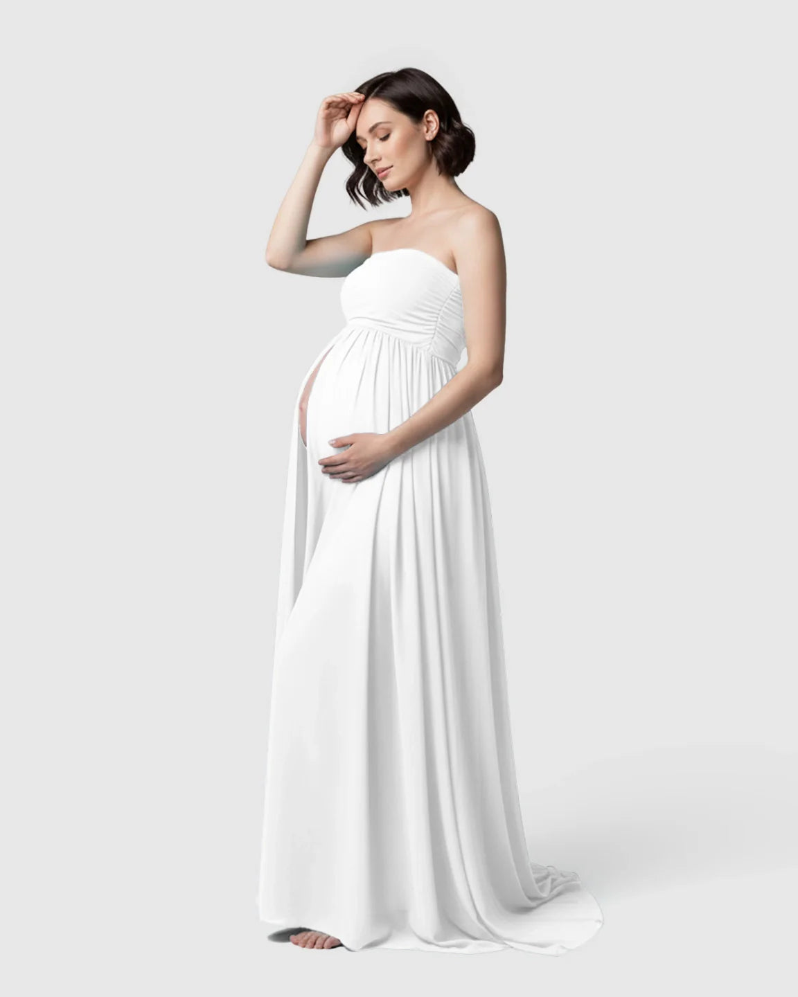 Bump Society – The Comfort Collection: Strapless Ruched Front Slit Maternity Photoshoot Dress