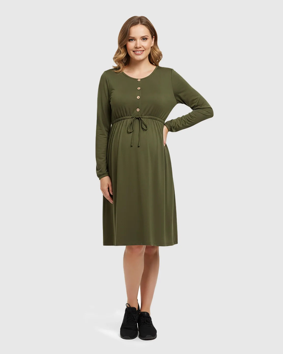 Bump Society – The Comfort Collection: Button-Front Drawstring Waist Maternity Dress