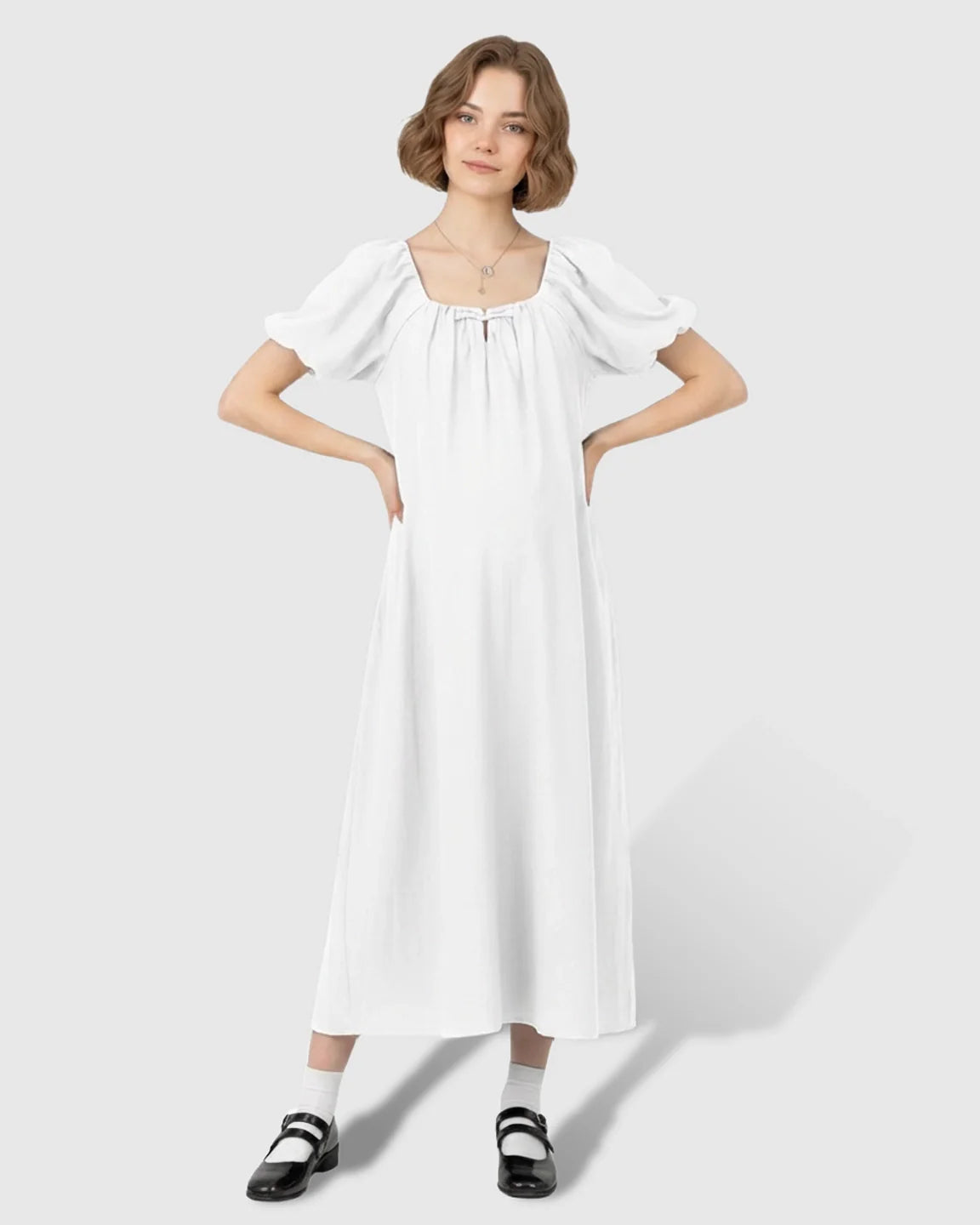 Bump Society – The Comfort Collection: Short Puff Sleeve Casual Maternity Maxi Dress