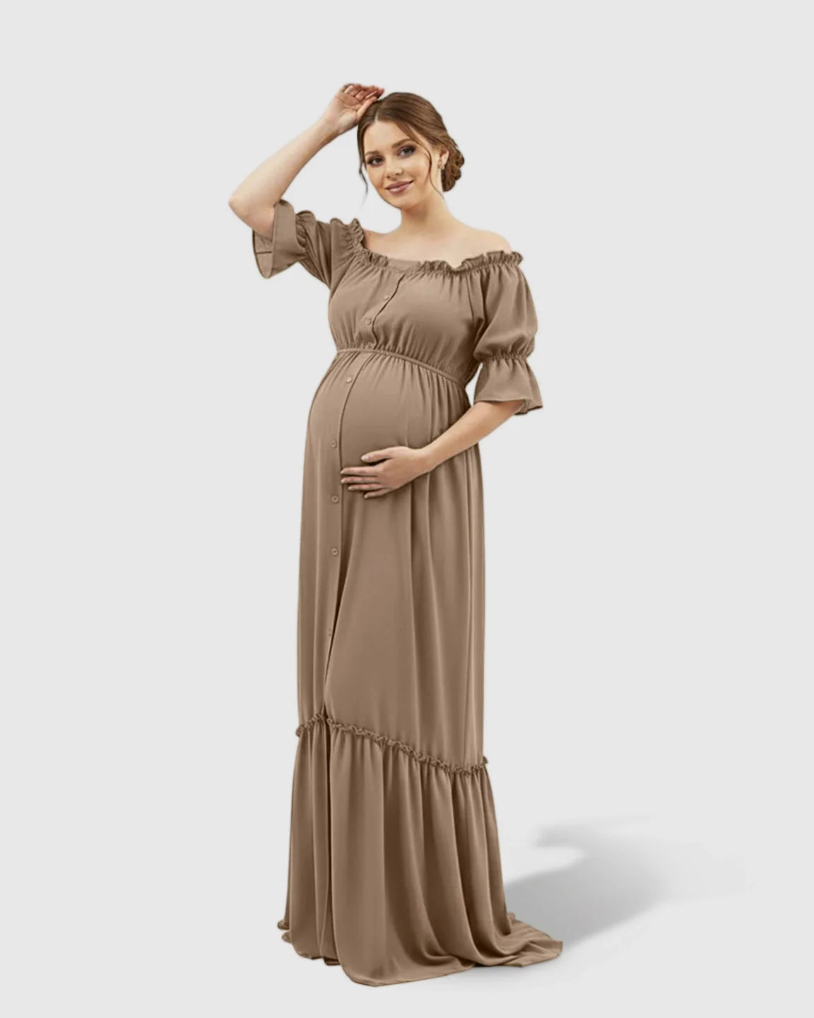 The Comfort Collection: Elegant Off-Shoulder Flared Maternity Long Dress
