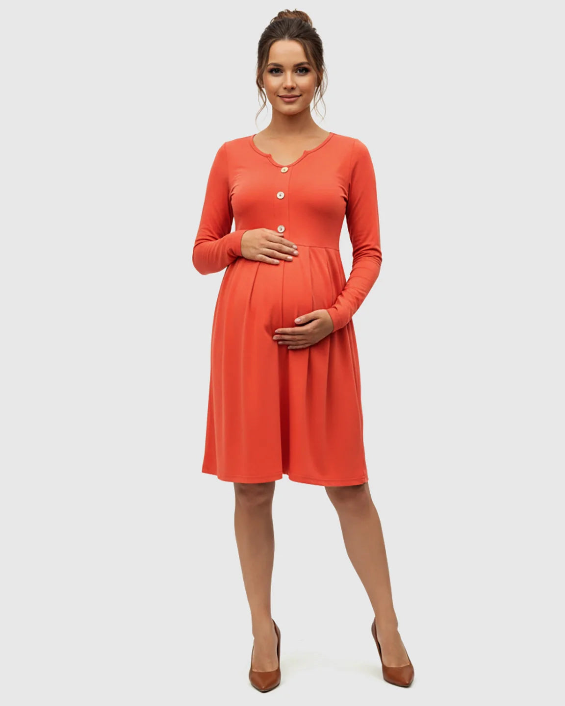 Bump Society – The Comfort Collection: Long Sleeve Button Detail Flared Maternity Dress