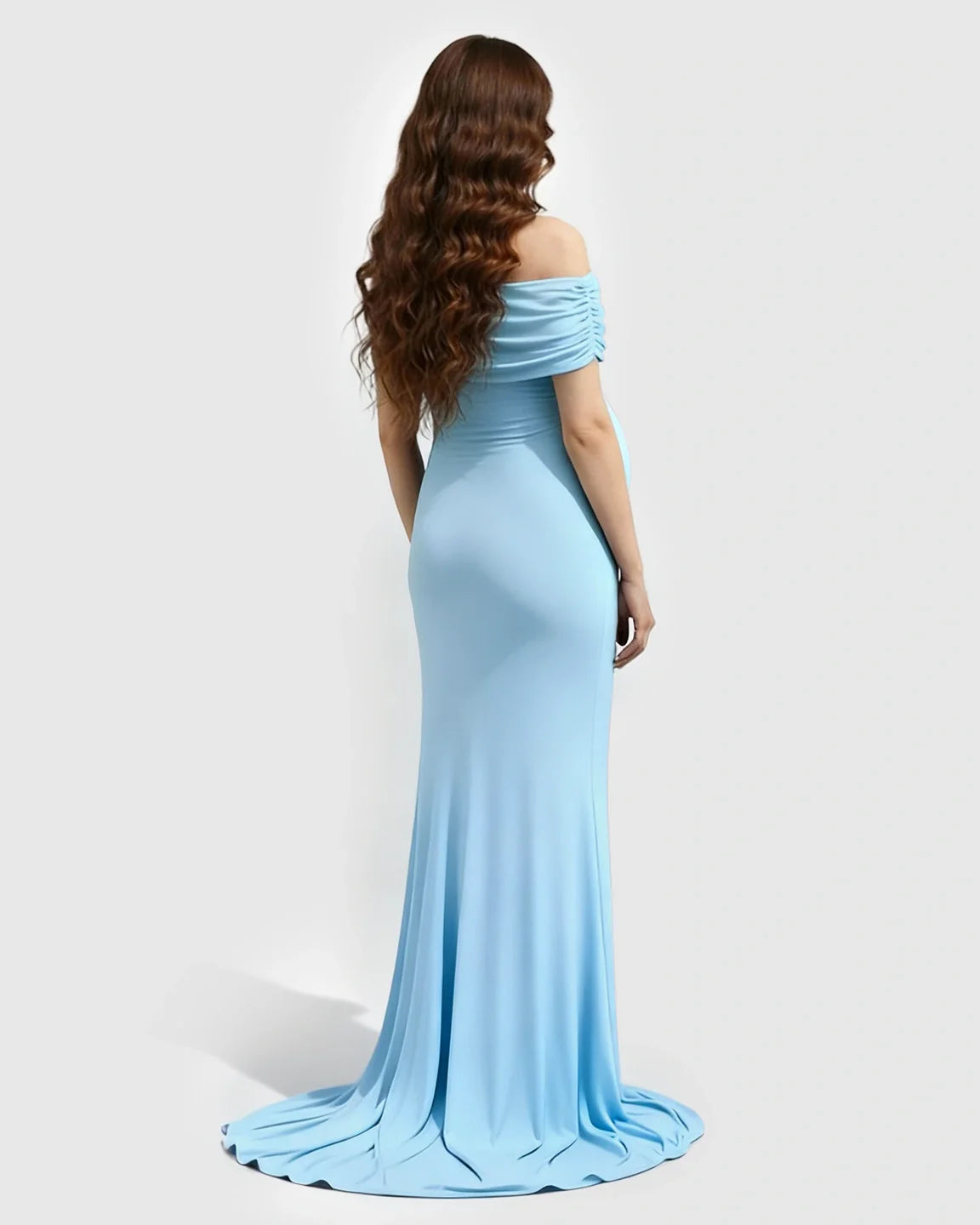 Light blue off-shoulder bodycon maternity mermaid gown with ruched sleeves, seen from behind.