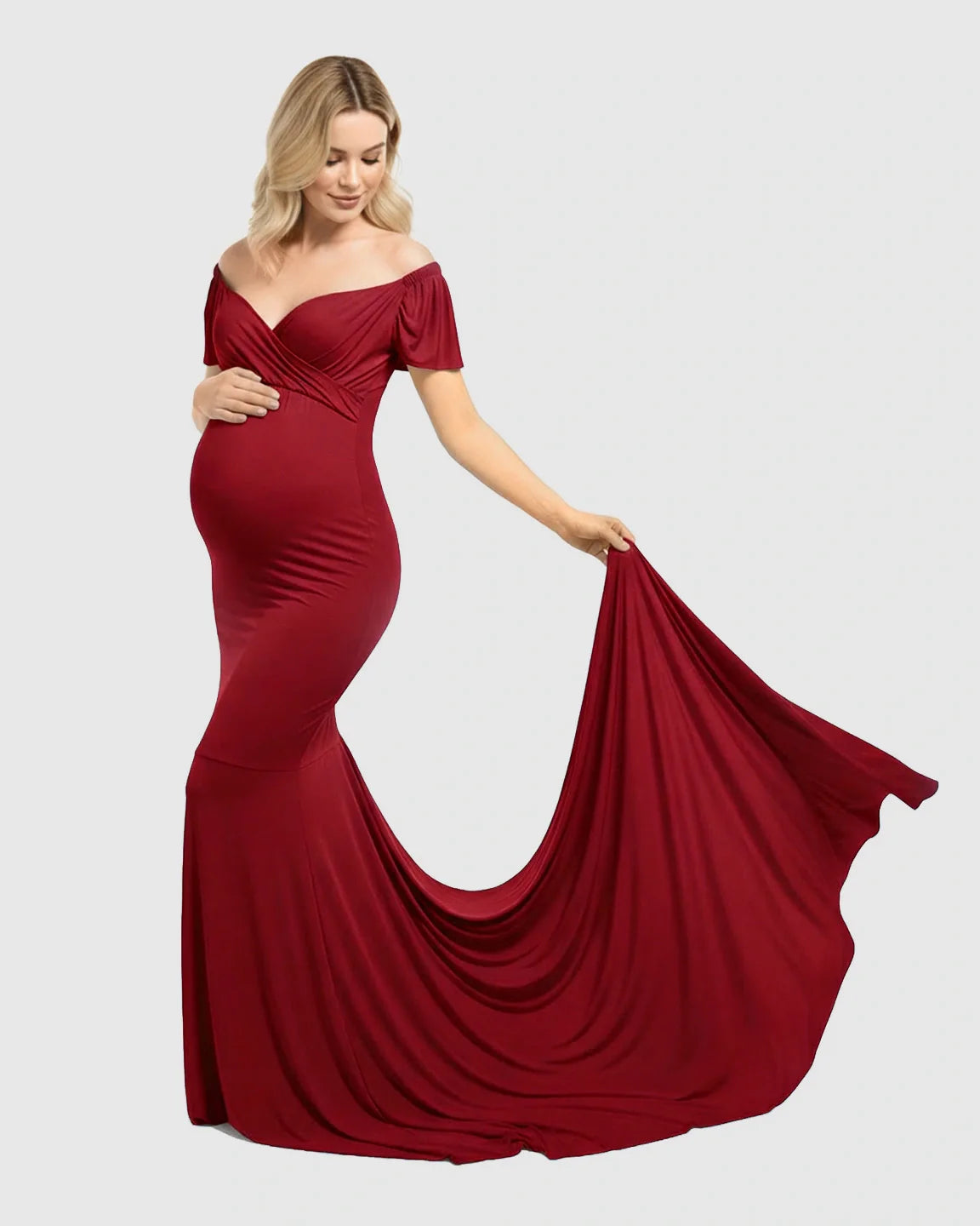 Bump Society – The Comfort Collection: Off-Shoulder Fitted Mermaid Style Maternity Photoshoot Gown