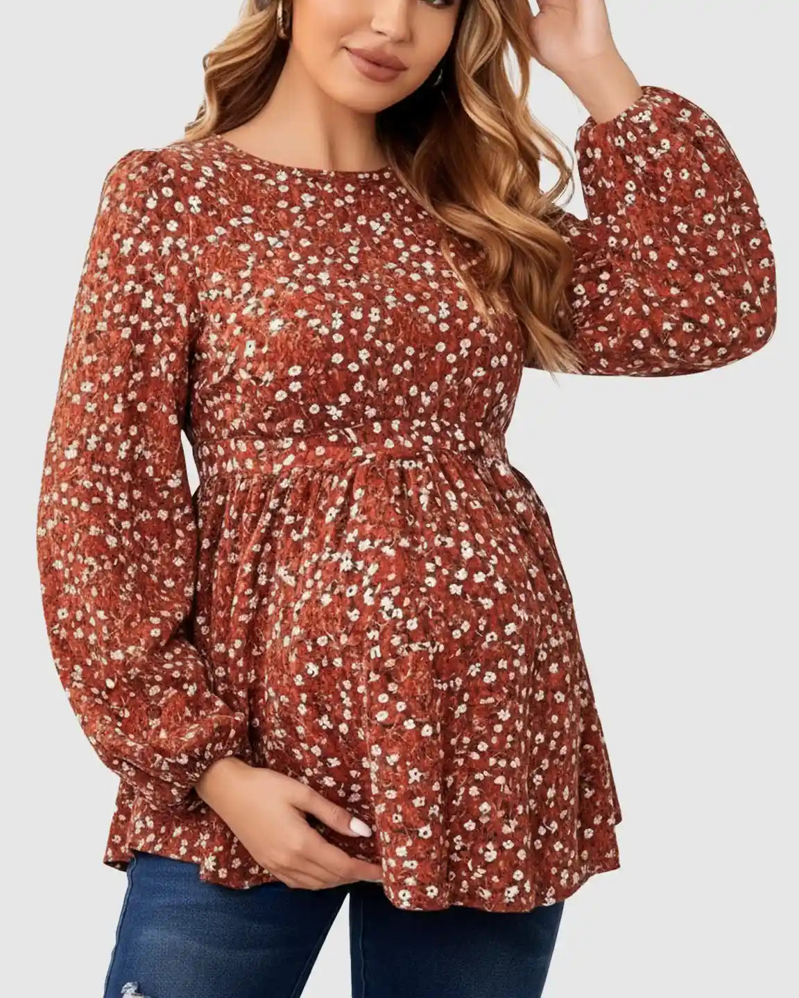 Bump Society – The Comfort Collection: Elegant Red Floral Ruffle Maternity Shirt