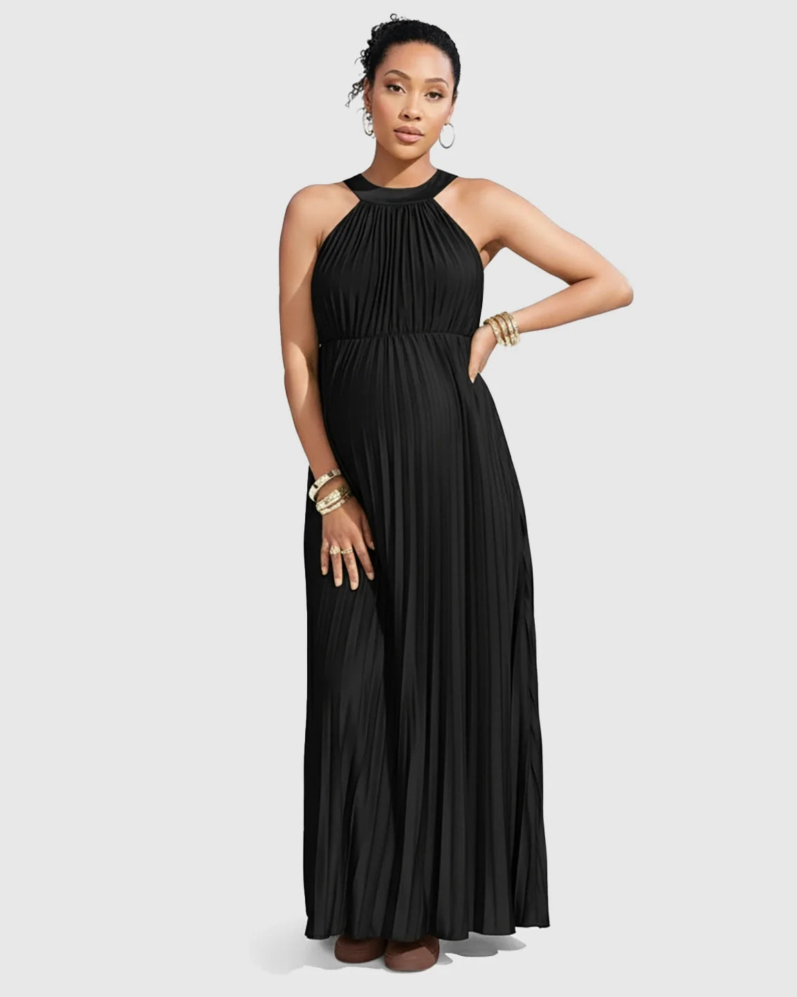 Black faux silk pleated halter neck maternity maxi dress.
