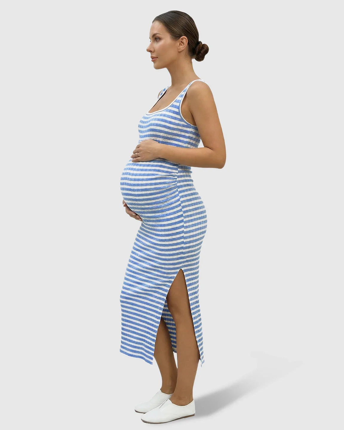 Bump Society – The Comfort Collection: Striped Side Slit Maternity Midi Dress