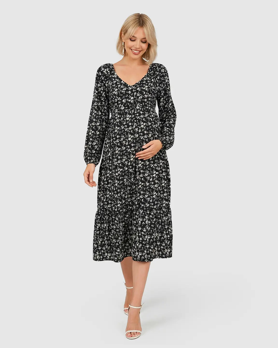 Bump Society – The Comfort Collection: Long Sleeve Dark Floral Print Maternity Midi Dress
