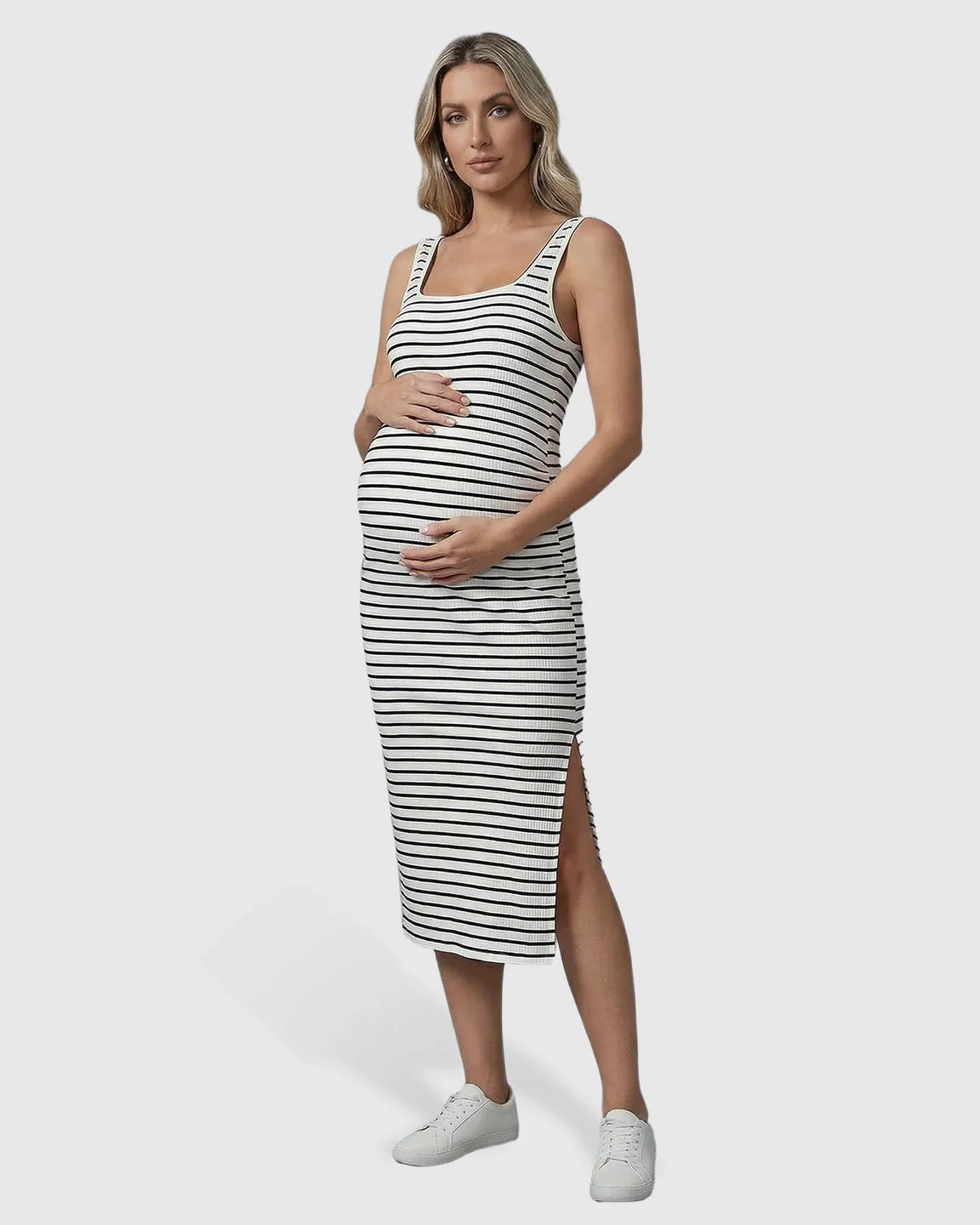 Bump Society – The Comfort Collection: Stripe Print Side Slit Maternity Midi Dress