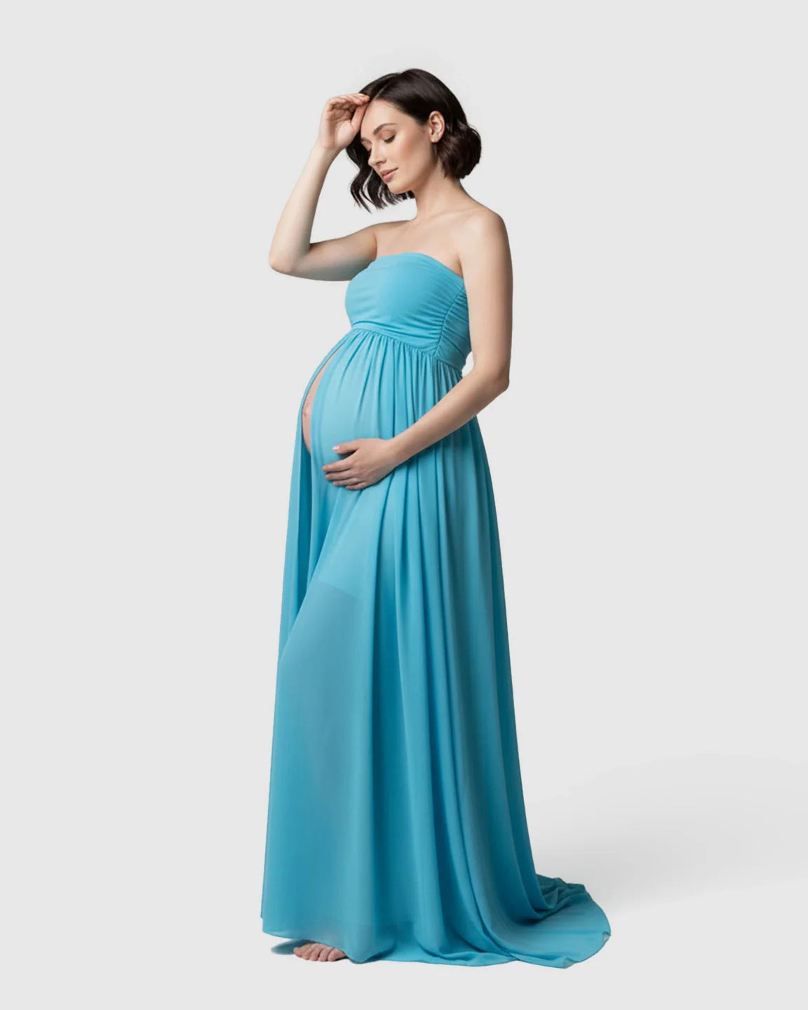 Bump Society – The Comfort Collection: Strapless Ruched Front Slit Maternity Photoshoot Dress
