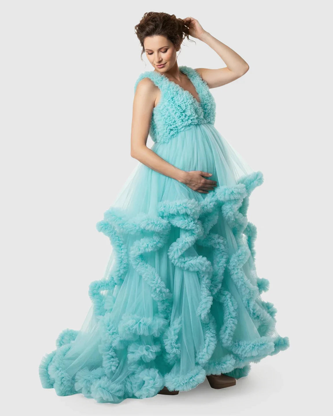 Bump Society – The Comfort Collection: Ruffled Bodice Multi-Layer Mesh Pleats Maternity Gown