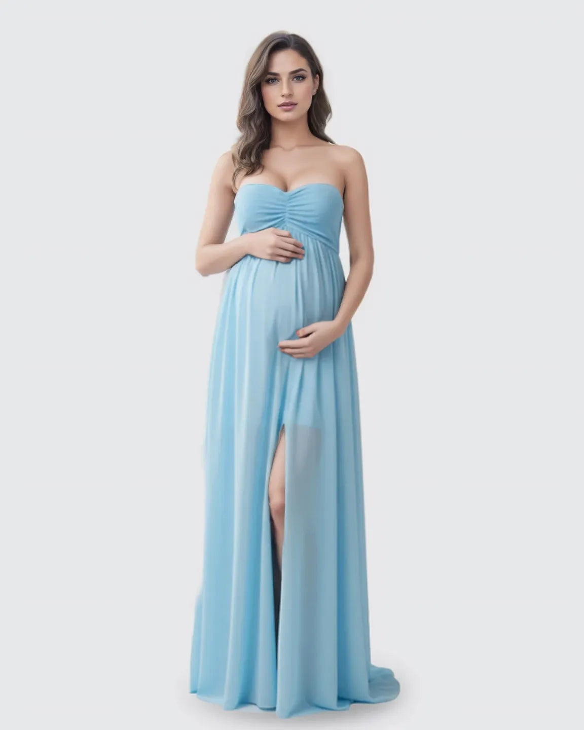 Bump Society – The Comfort Collection: Strapless Chiffon Train Maternity Gown