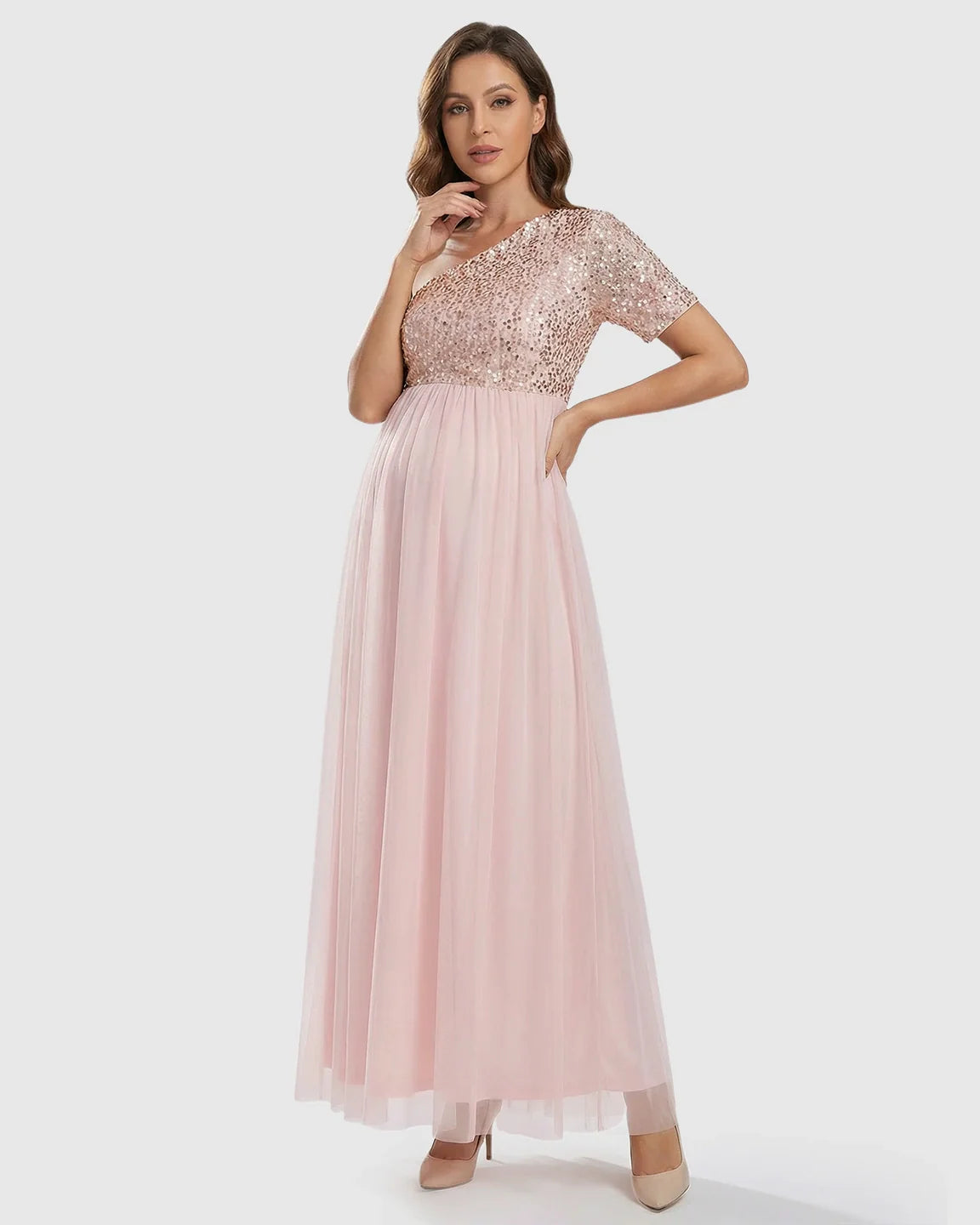 Bump Society – The Comfort Collection: Sequin Bodice Flowing Mesh Maternity Maxi Dress
