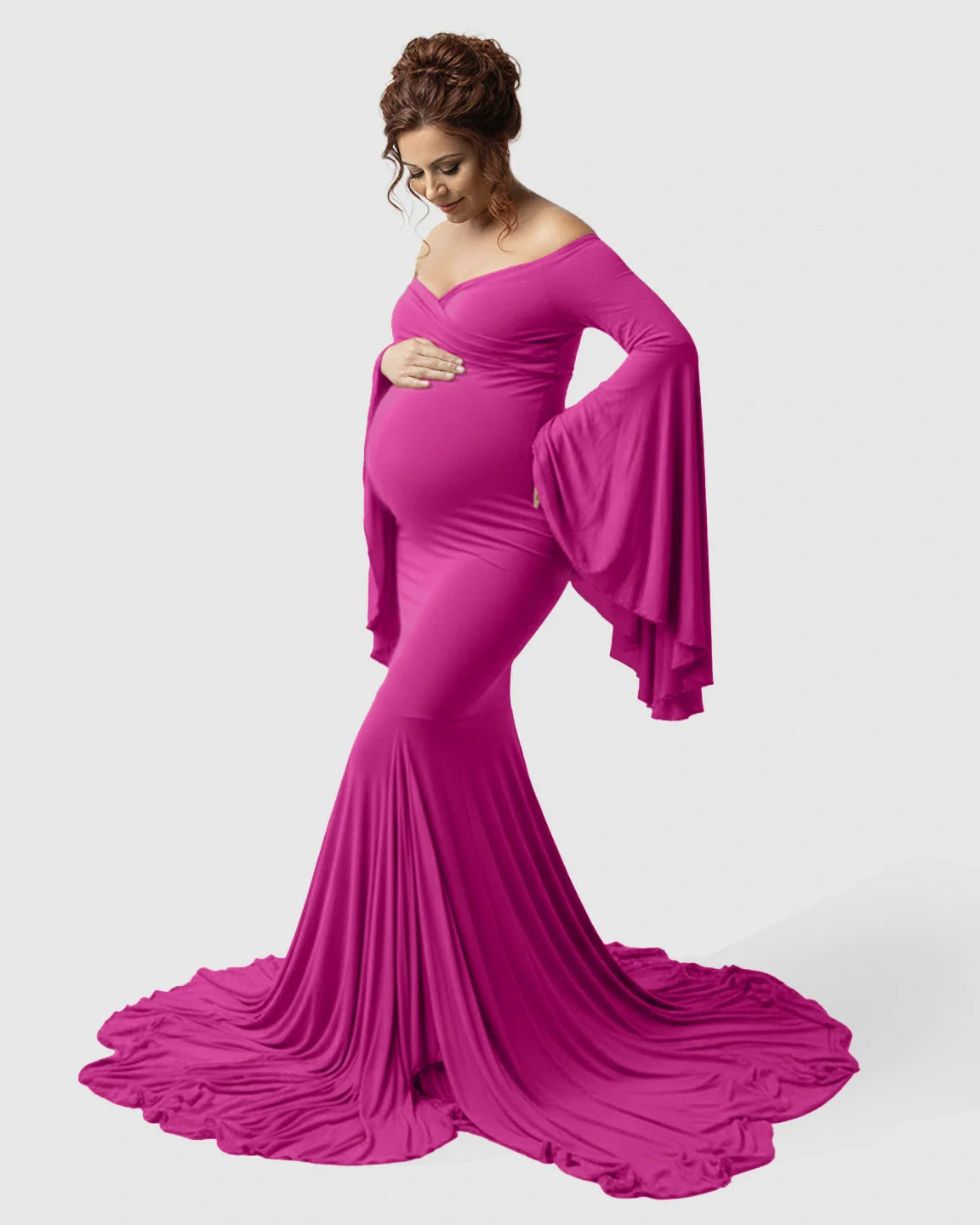 Bump Society – The Comfort Collection: Flared Sleeve Fishtail Train Maternity Photoshoot Dress