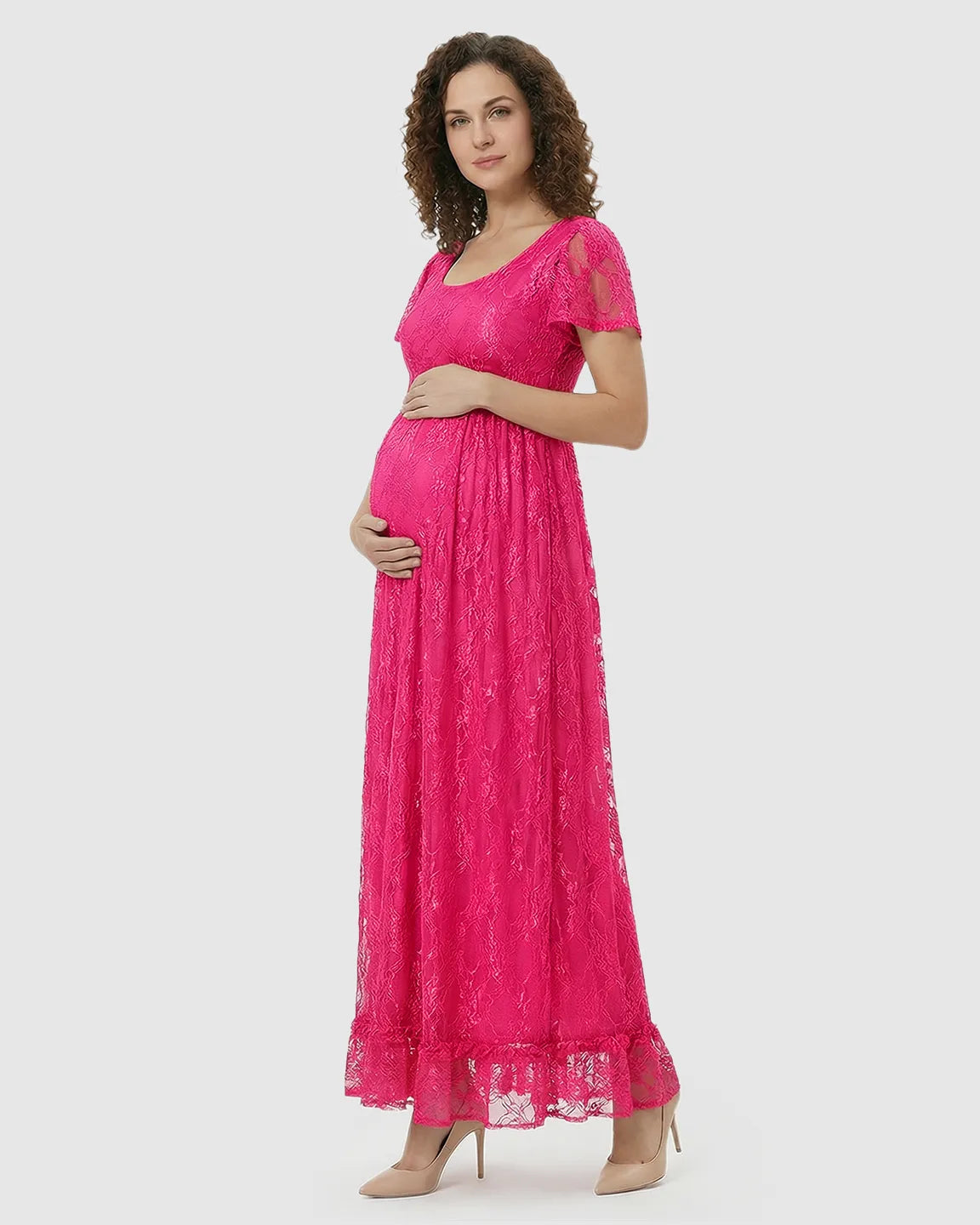 Bump Society – The Comfort Collection: Ruffled Hem Floral Lace Maternity Photoshoot Dress
