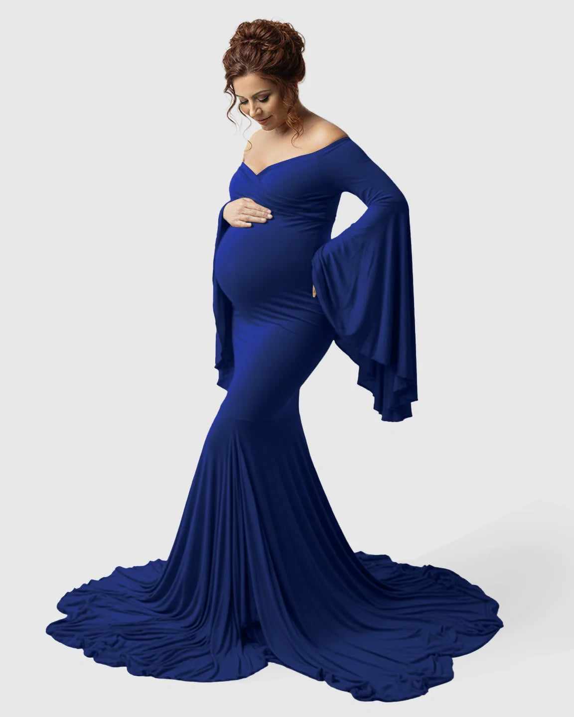 Bump Society – The Comfort Collection: Flared Sleeve Fishtail Train Maternity Photoshoot Dress