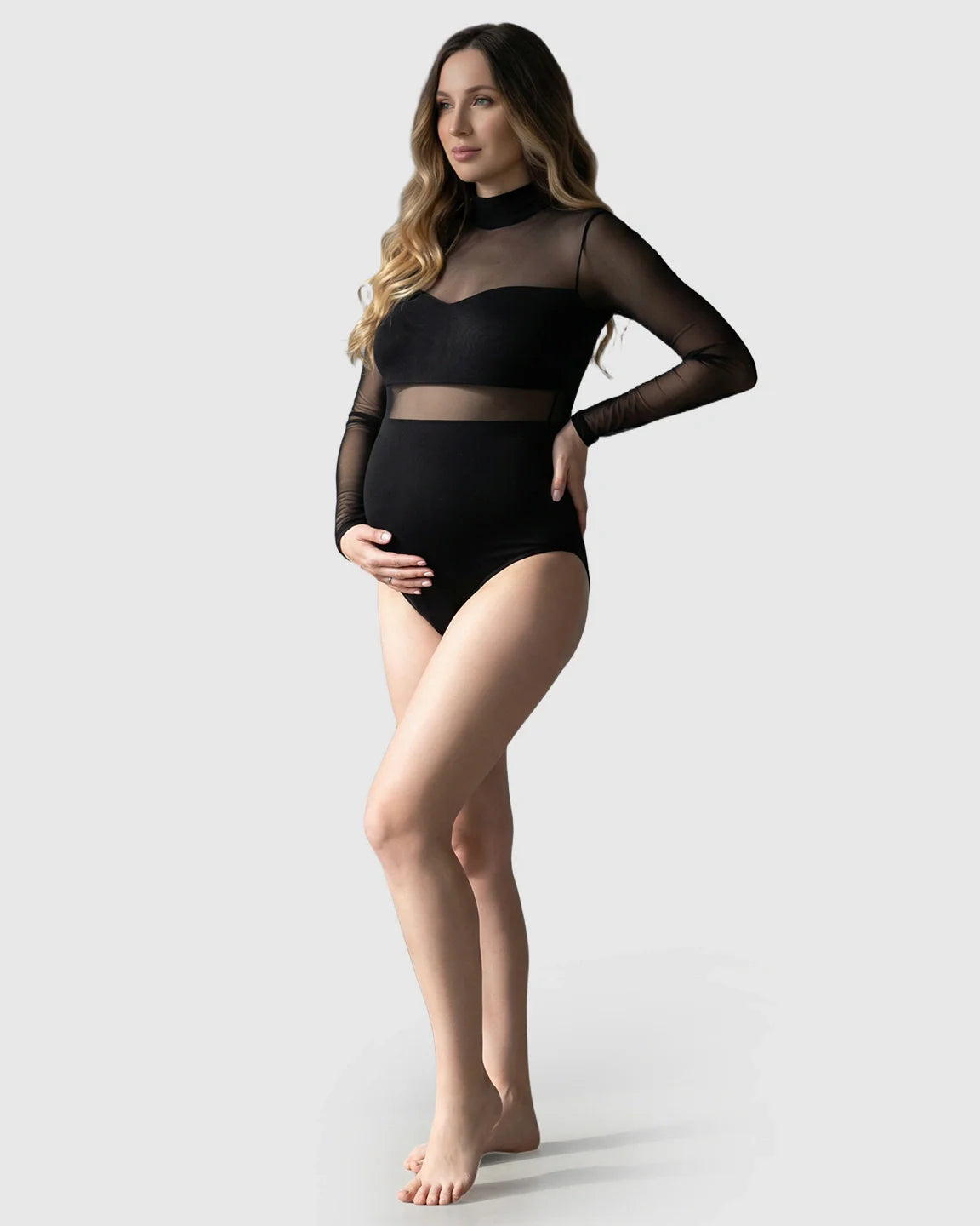 Bump Society – The Comfort Collection: Long-Sleeve Sheer Mesh Bodycon Maternity Photoshoot Bodysuit