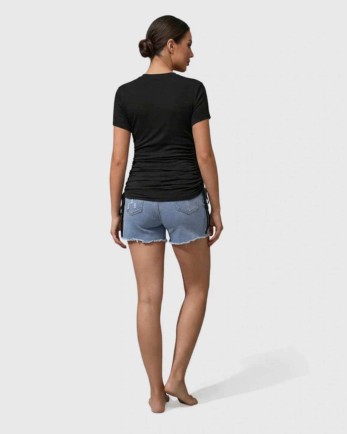 Bump Society – The Comfort Collection: Ruched Waist Casual Maternity Top With Denim Shorts