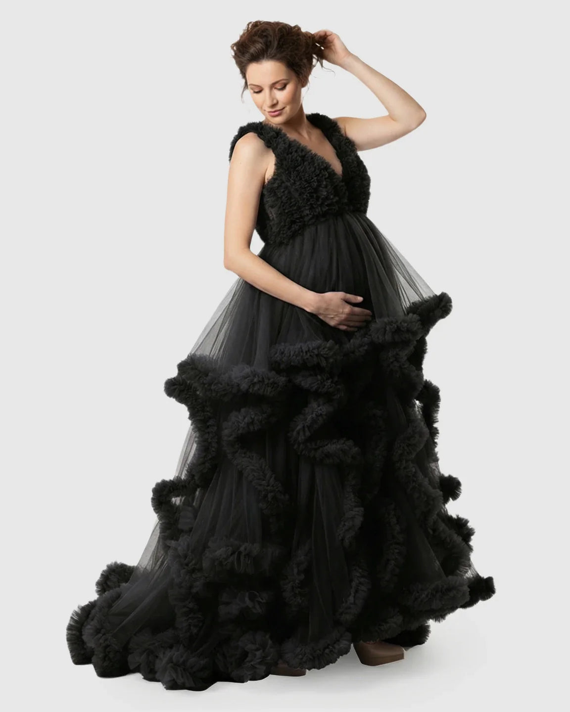 Bump Society – The Comfort Collection: Ruffled Bodice Multi-Layer Mesh Pleats Maternity Gown