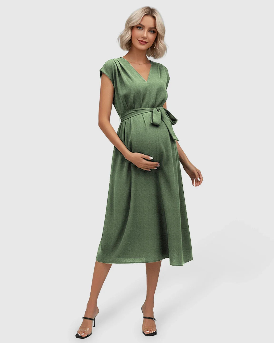 Maternity midi dress in olive green with V-neck, flutter sleeves, and adjustable tie-waist.