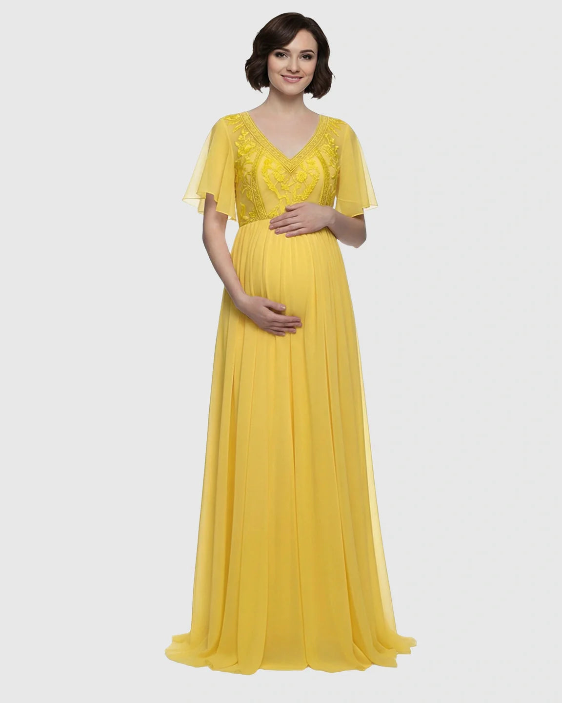 Bump Society – The Comfort Collection: Embroidered Bodice Long Train Maternity Photoshoot Gown