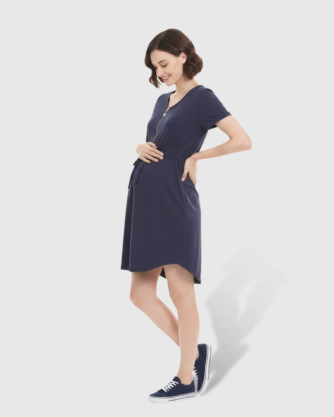 Bump Society – The Nursing Collection: Zip-Up Nursing Drawstring-Waist Maternity Mini Dress