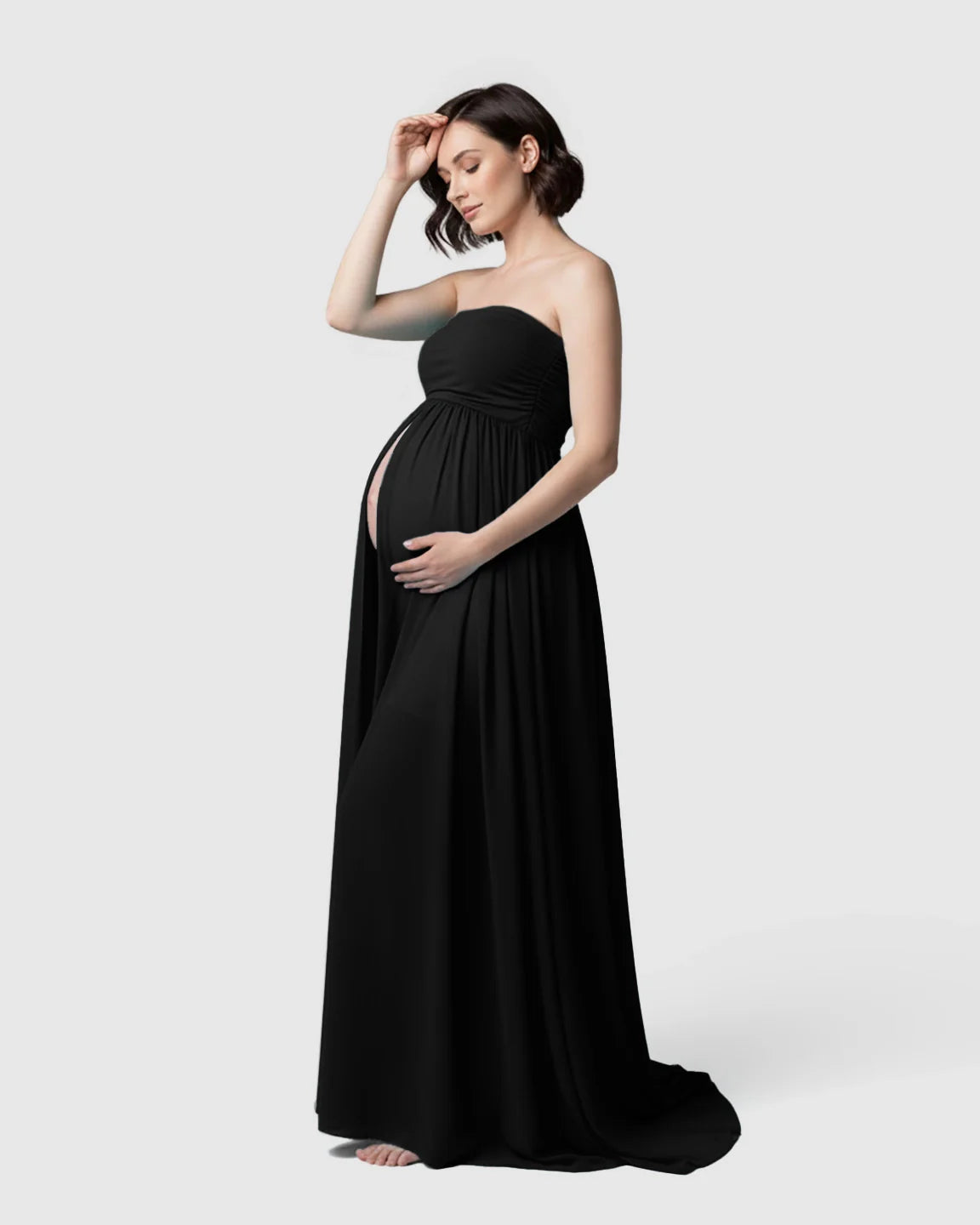 Bump Society – The Comfort Collection: Strapless Ruched Front Slit Maternity Photoshoot Dress