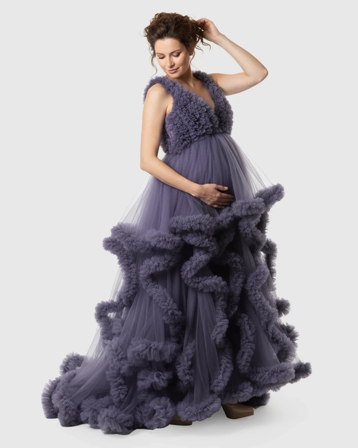 Bump Society – The Comfort Collection: Ruffled Bodice Multi-Layer Mesh Pleats Maternity Gown