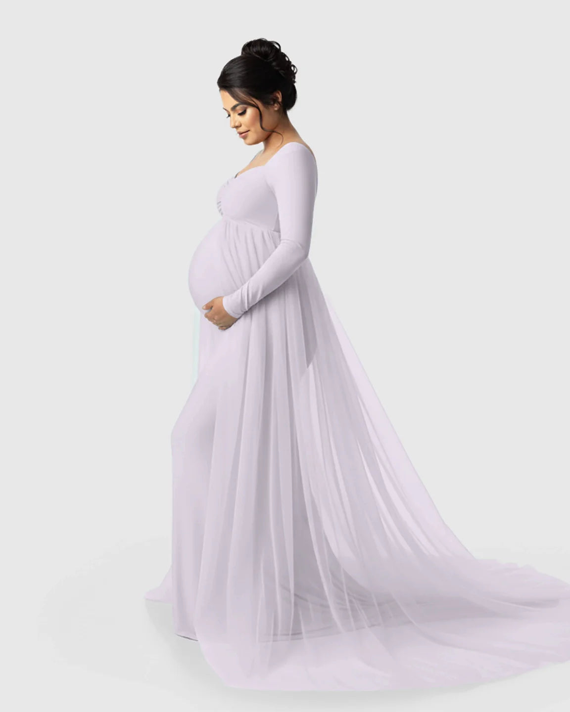 Bump Society – The Comfort Collection: Sheer Mesh Flowy Train Maternity Maxi Dress