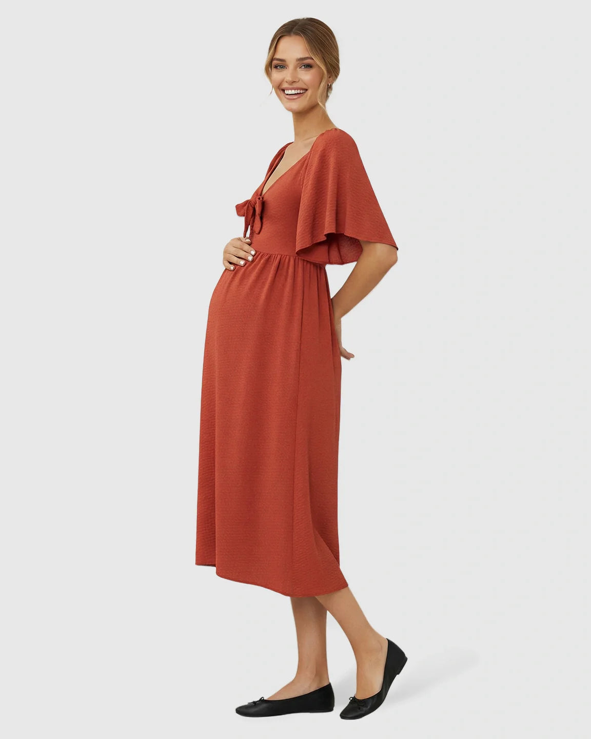 Bump Society – The Comfort Collection: Tie-Knot Front Swing Silhouette Maternity Midi Dress