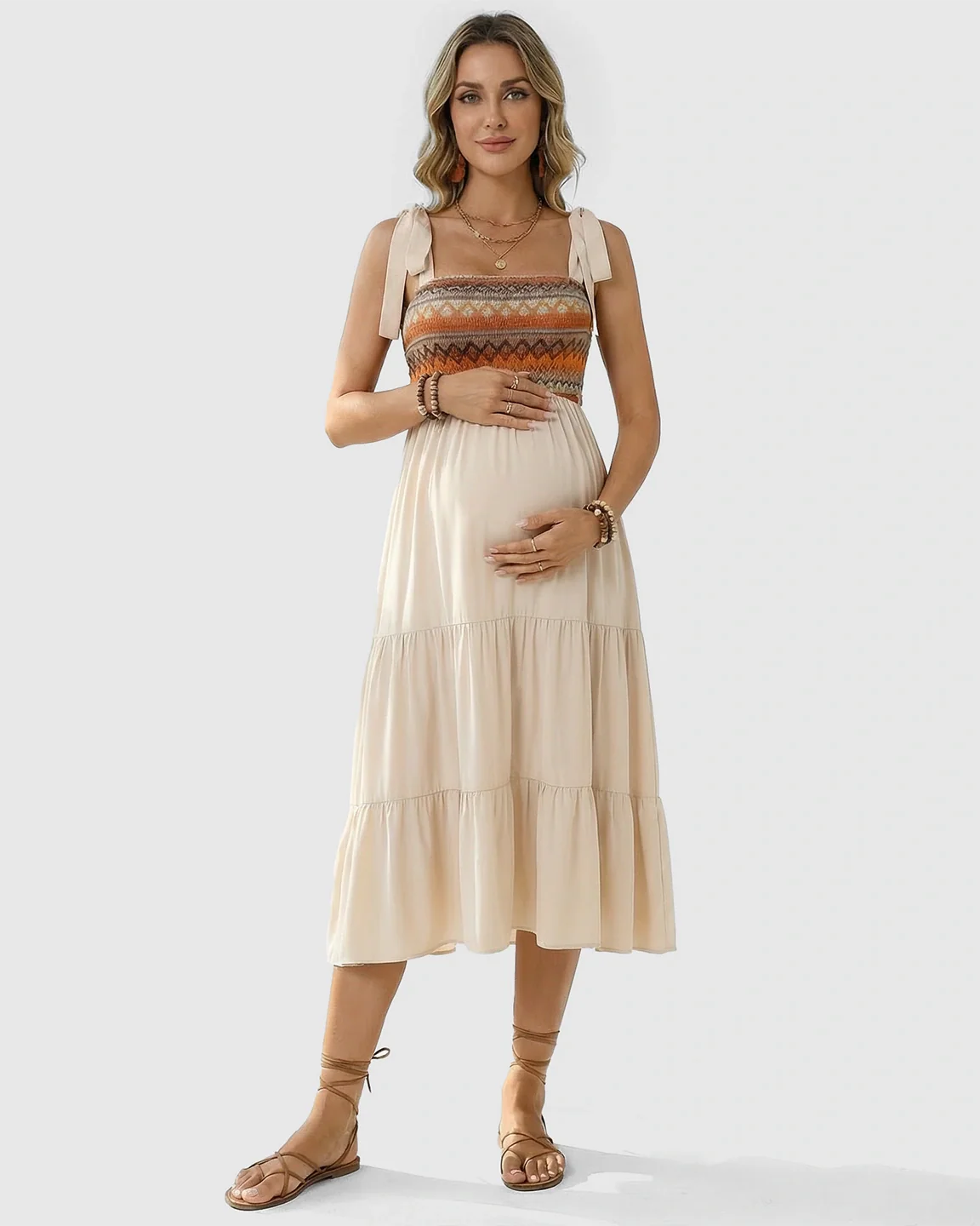 Bump Society – The Comfort Collection: Smocked Ethnic Bodice Tiered A-Line Maternity Sundress