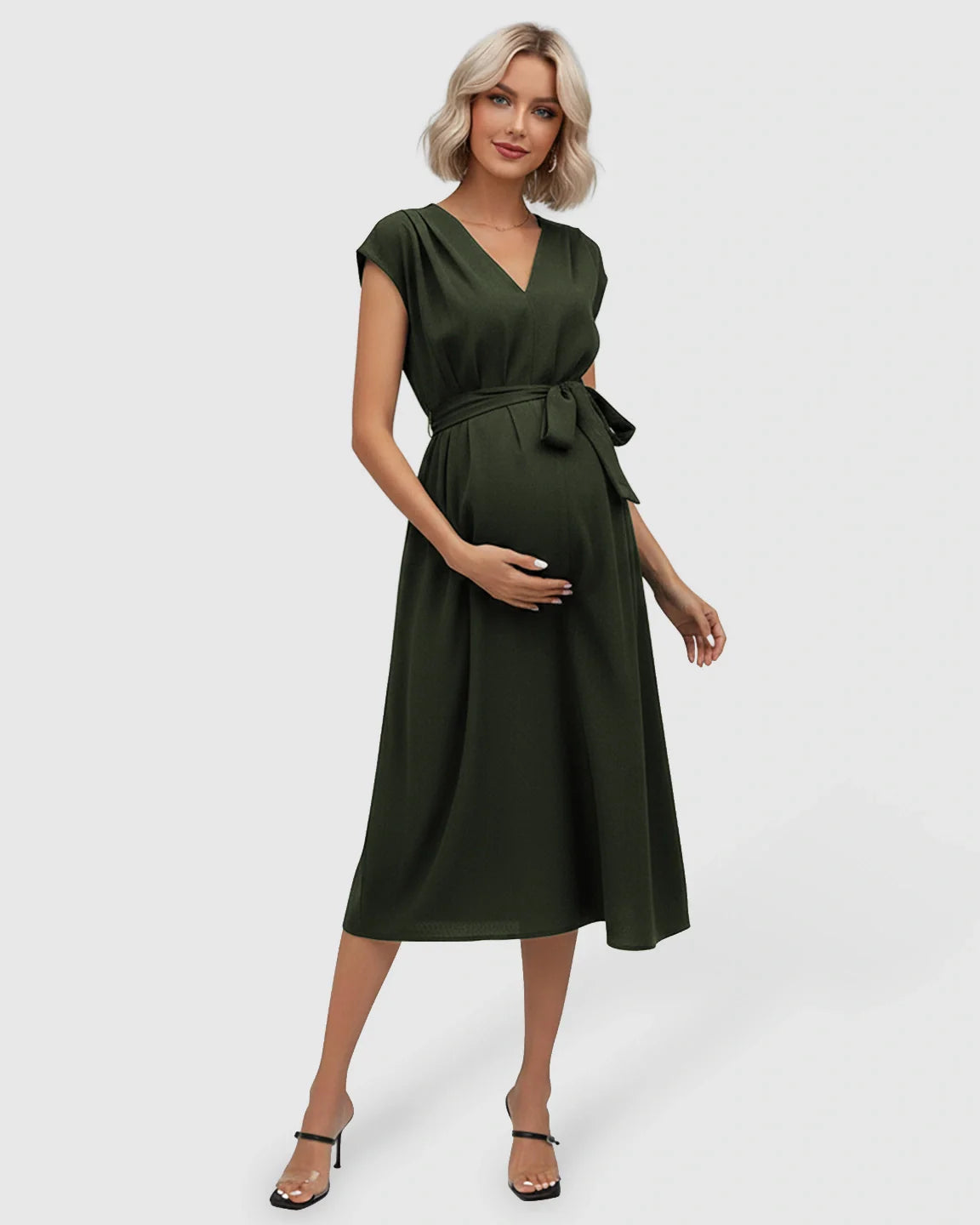 Maternity midi dress in dark olive green with V-neck, flutter sleeves, and adjustable tie-waist.