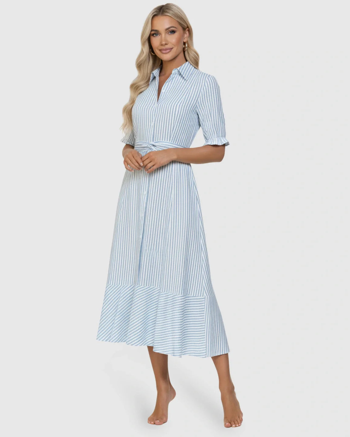 Blonde woman in a blue and white striped Lapel Puff-Sleeve A-line Maternity Dress with a tie waist.