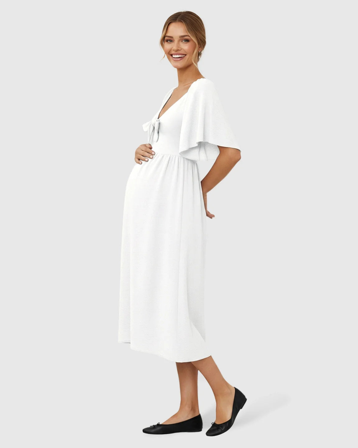 Bump Society – The Comfort Collection: Tie-Knot Front Swing Silhouette Maternity Midi Dress