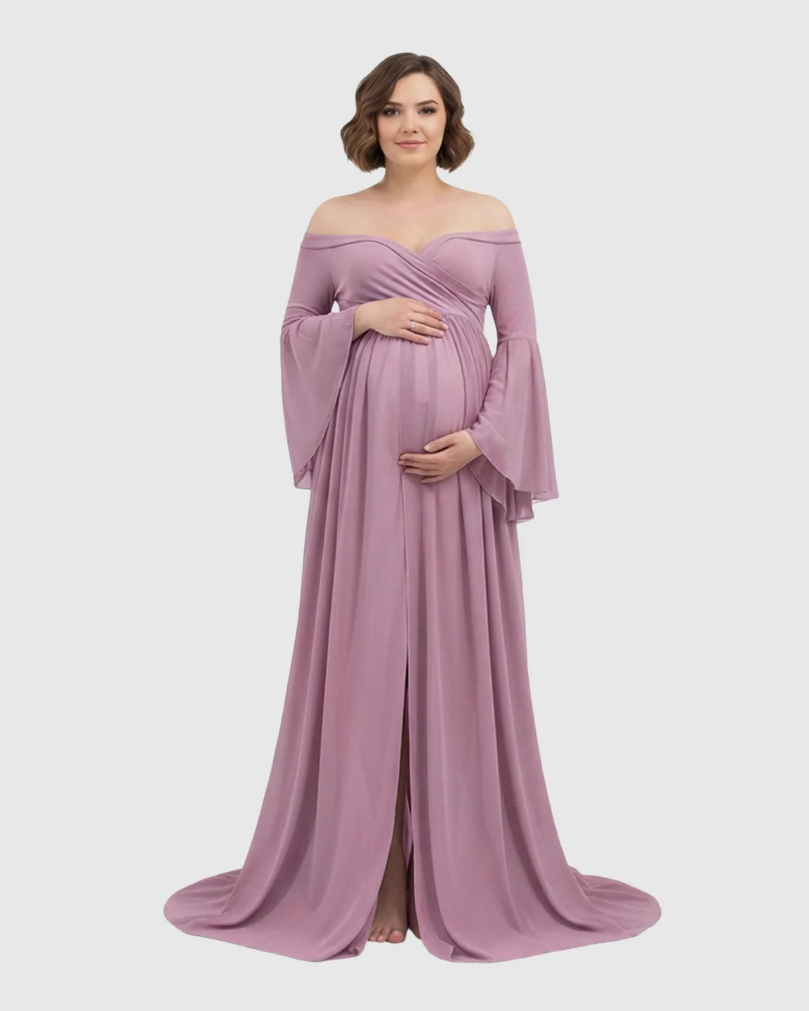 Mauve off-shoulder maternity gown with bell sleeves and a long train, worn by a smiling pregnant woman.