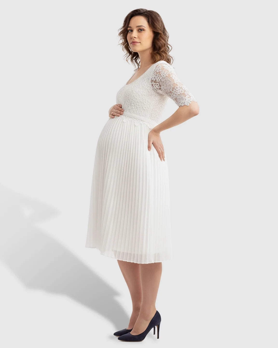 Bump Society – The Comfort Collection: Lace Bodice Pleated Maternity Midi Dress