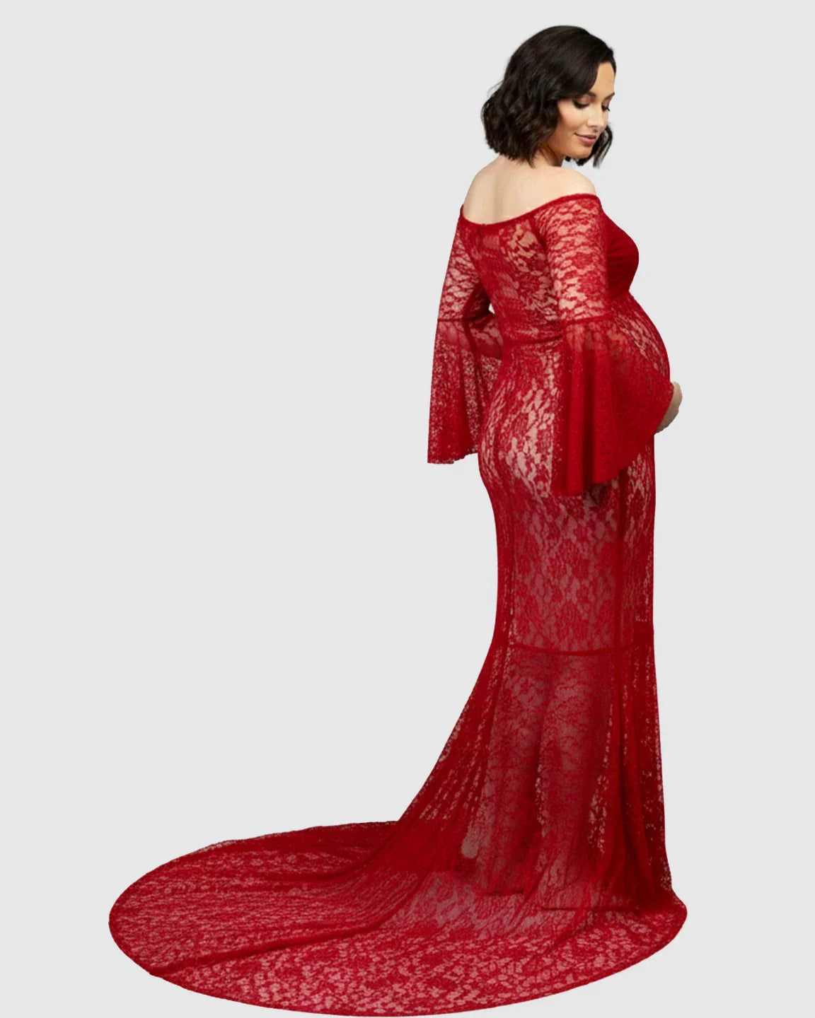 Bump Society – The Comfort Collection: Bell Lace Sleeve Trailing Maternity Gown