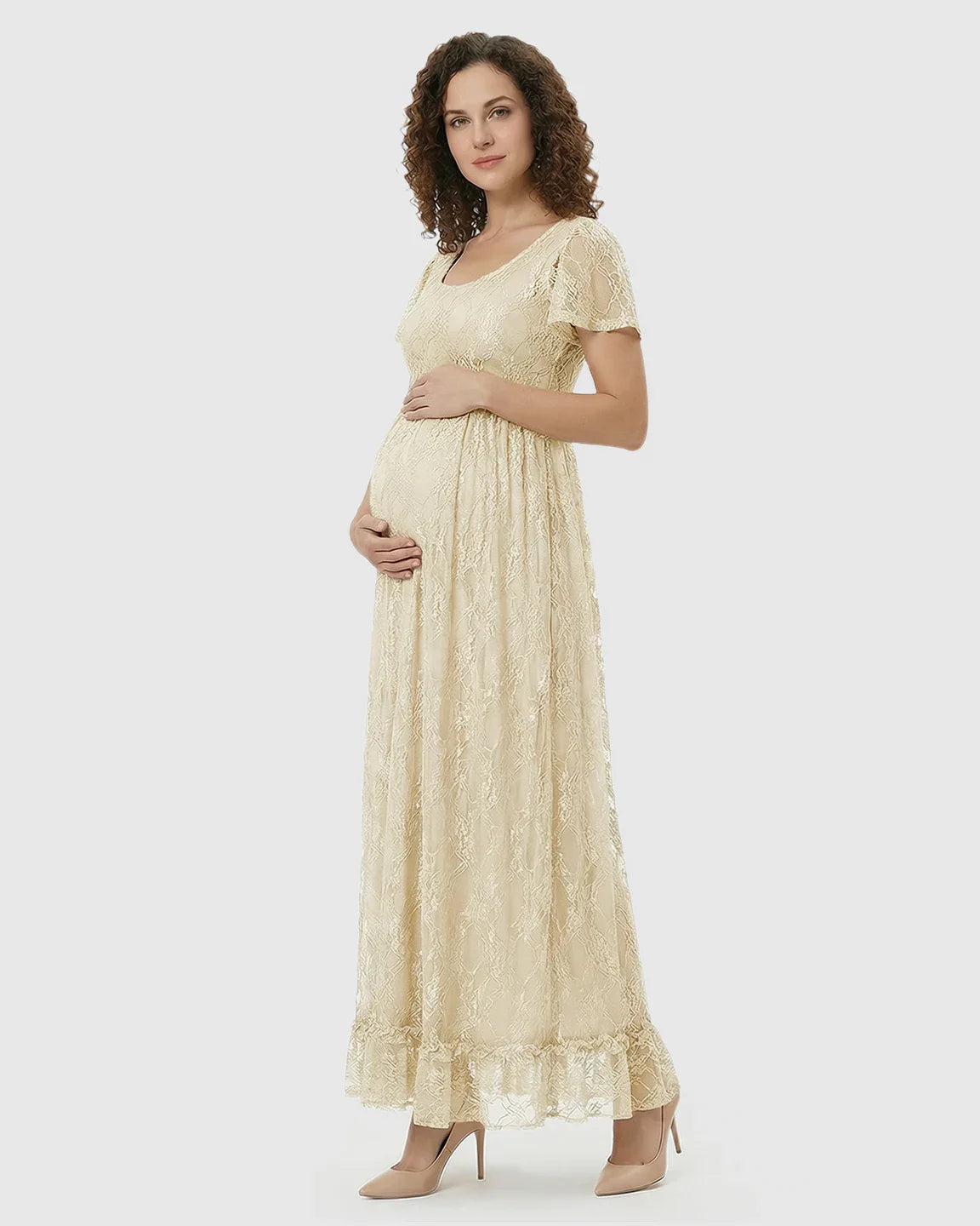 Bump Society – The Comfort Collection: Ruffled Hem Floral Lace Maternity Photoshoot Dress