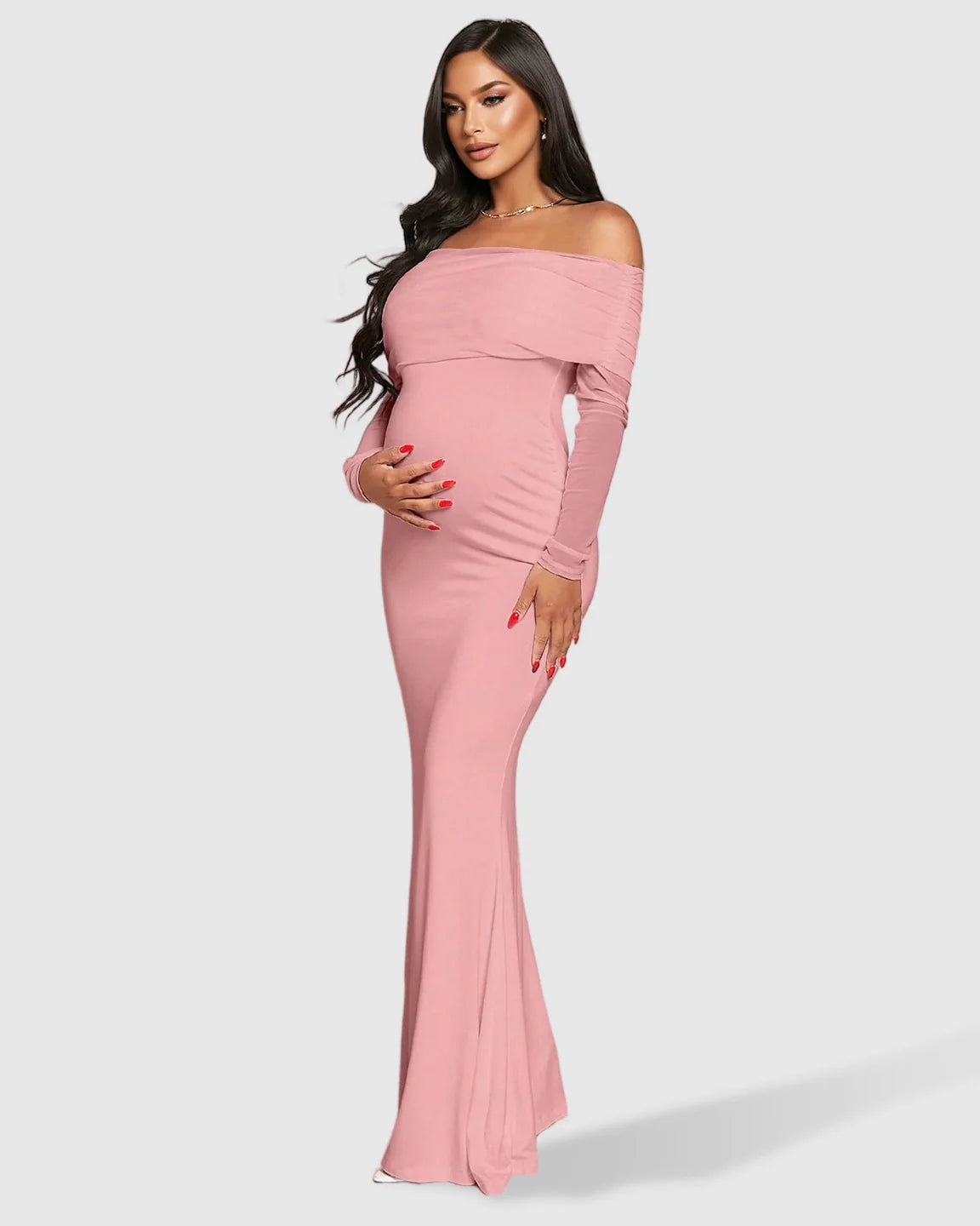 Pink off-shoulder draped neck mermaid fit maternity maxi dress, hugging a pregnant woman's bump.