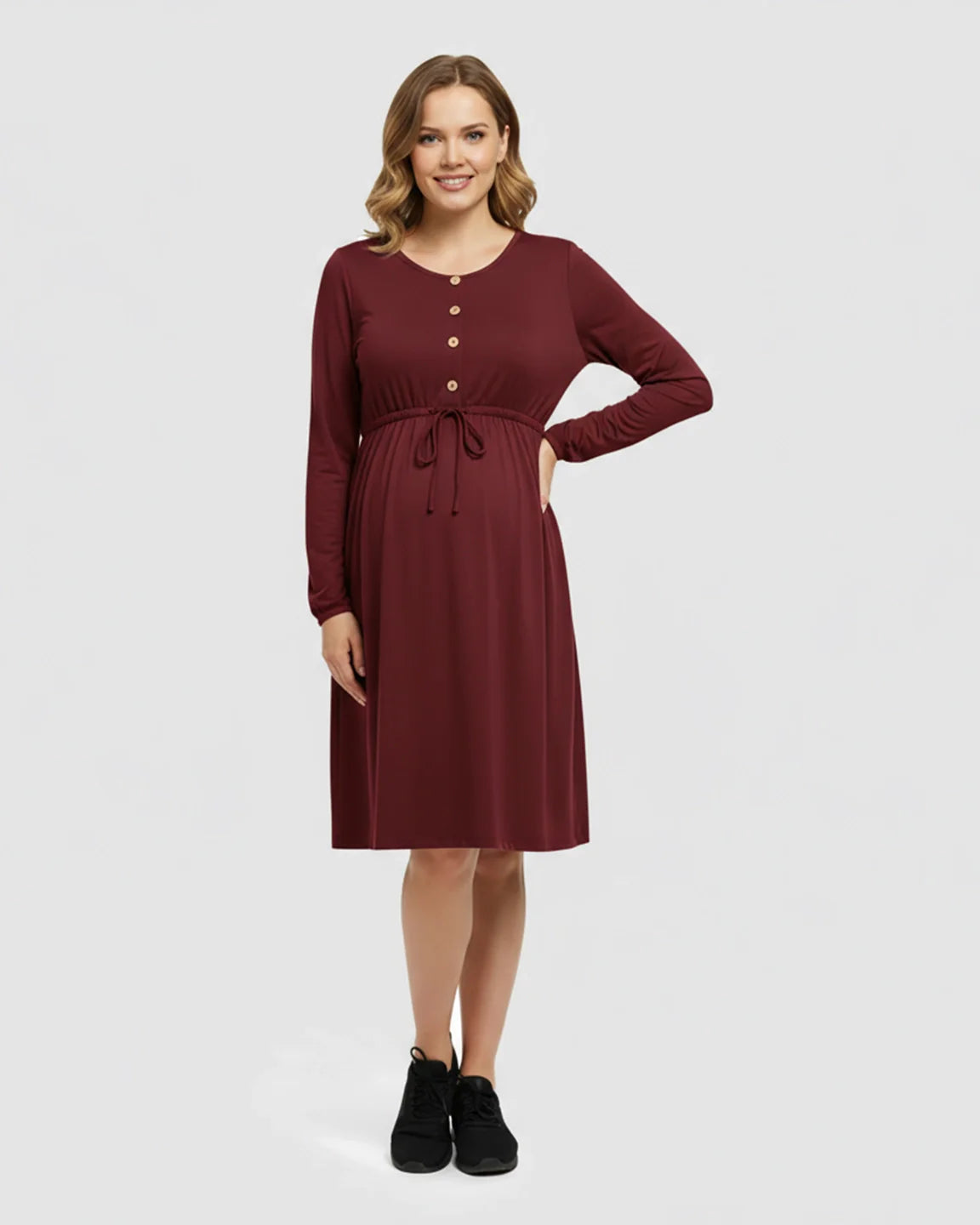 Bump Society – The Comfort Collection: Button-Front Drawstring Waist Maternity Dress