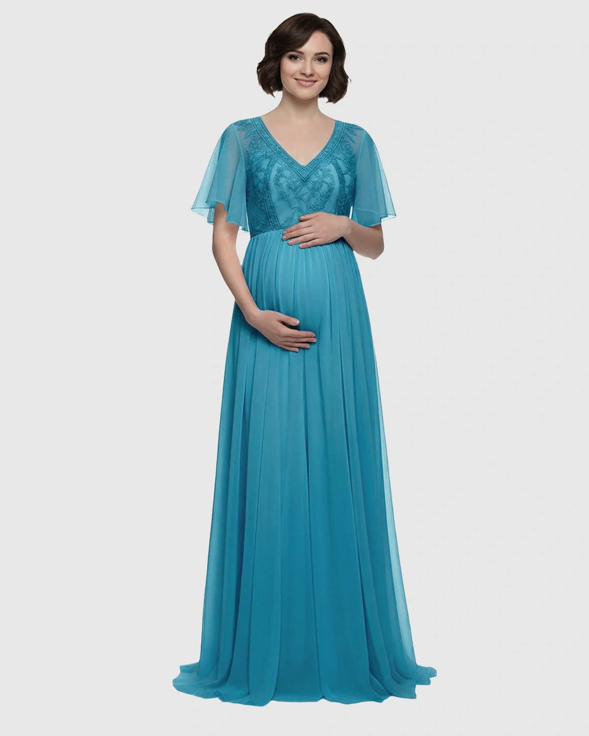 Bump Society – The Comfort Collection: Embroidered Bodice Long Train Maternity Photoshoot Gown