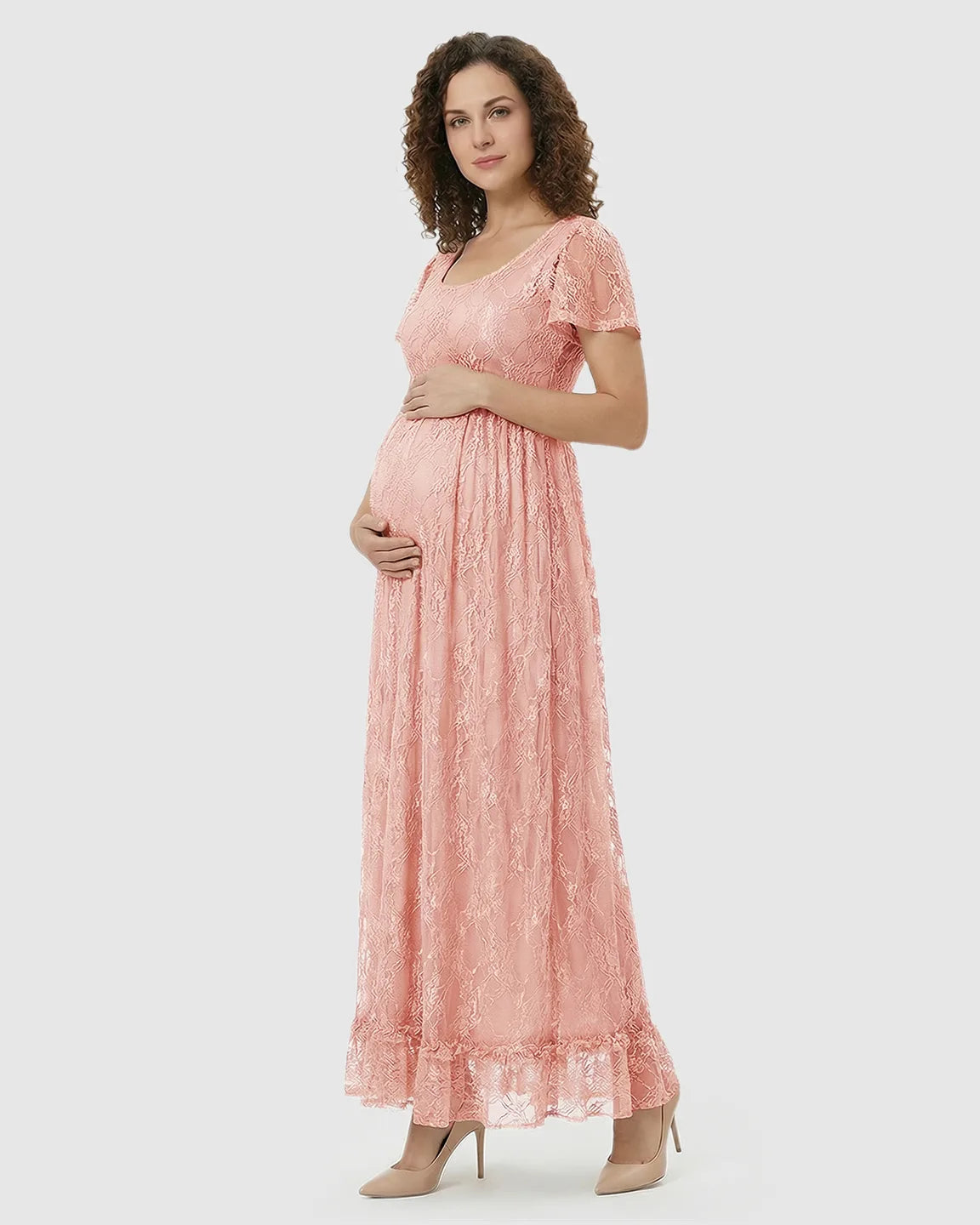 Bump Society – The Comfort Collection: Ruffled Hem Floral Lace Maternity Photoshoot Dress