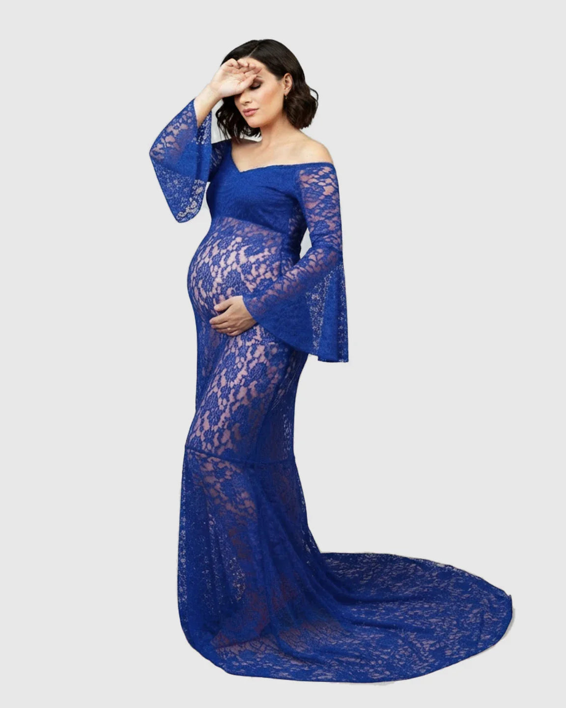 Bump Society – The Comfort Collection: Bell Lace Sleeve Trailing Maternity Gown