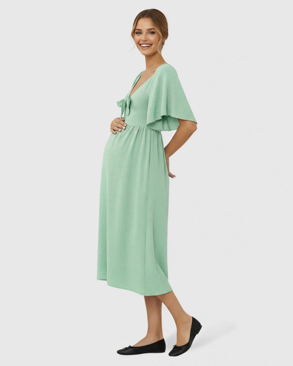 Bump Society – The Comfort Collection: Tie-Knot Front Swing Silhouette Maternity Midi Dress