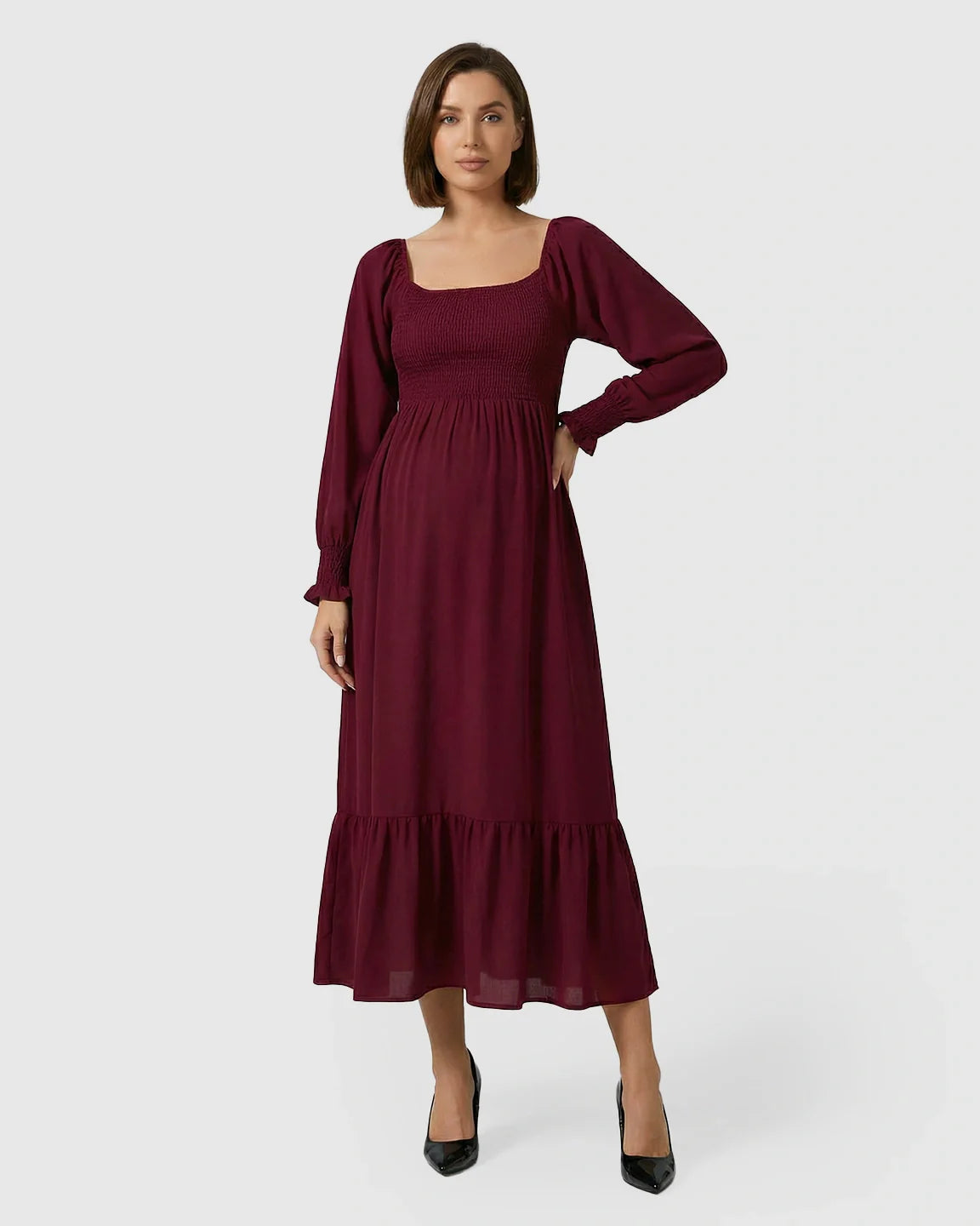 Bump Society – The Comfort Collection: Smocked Square Neck Ruffled Hem Maternity Maxi Dress
