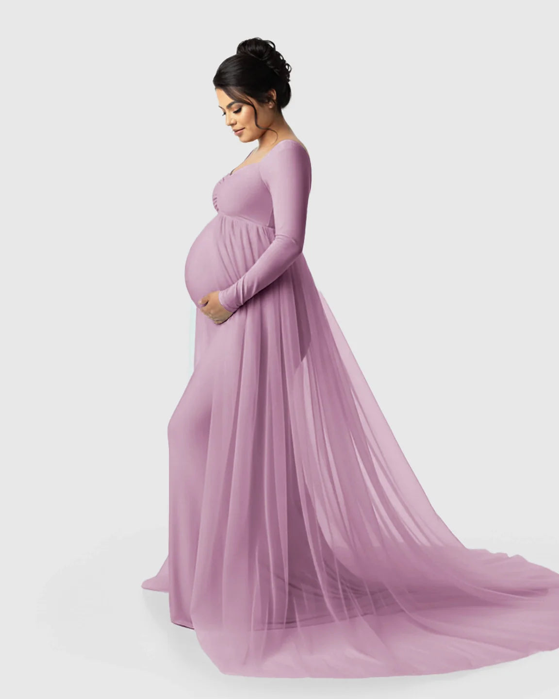 Bump Society – The Comfort Collection: Sheer Mesh Flowy Train Maternity Maxi Dress