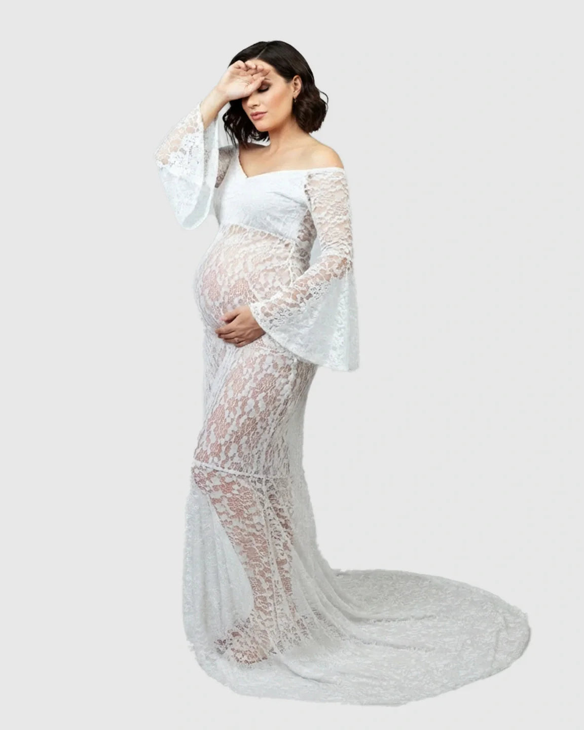 Bump Society – The Comfort Collection: Bell Lace Sleeve Trailing Maternity Gown