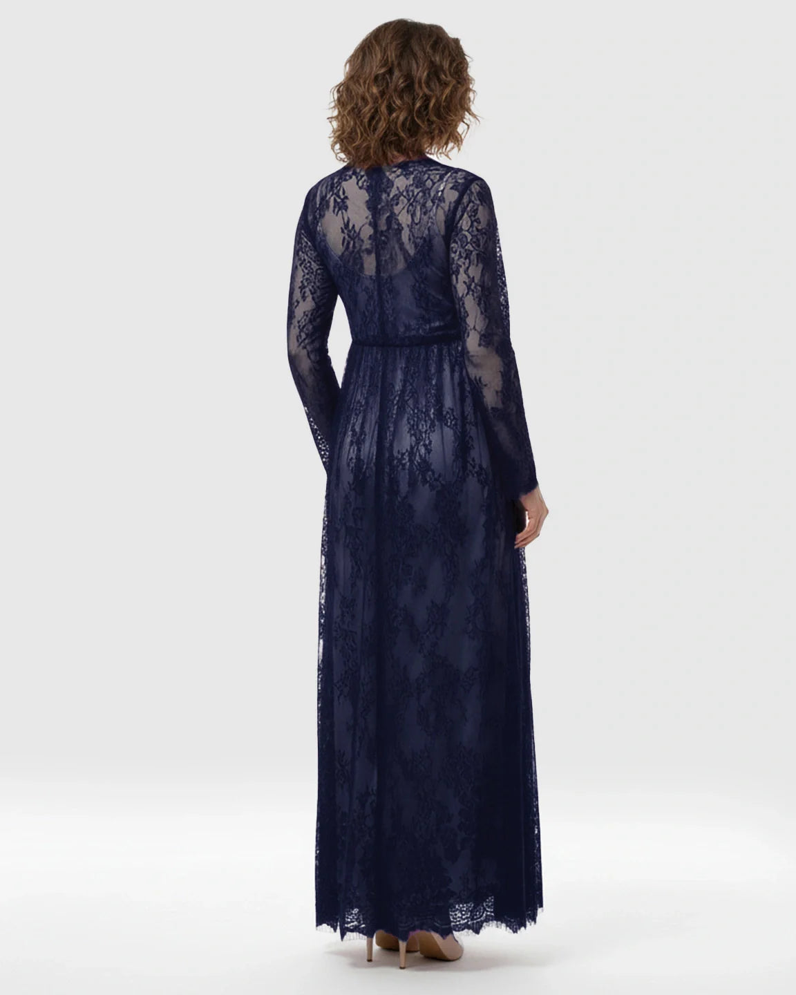 Navy sheer floral lace empire waist maternity maxi dress with long sleeves.