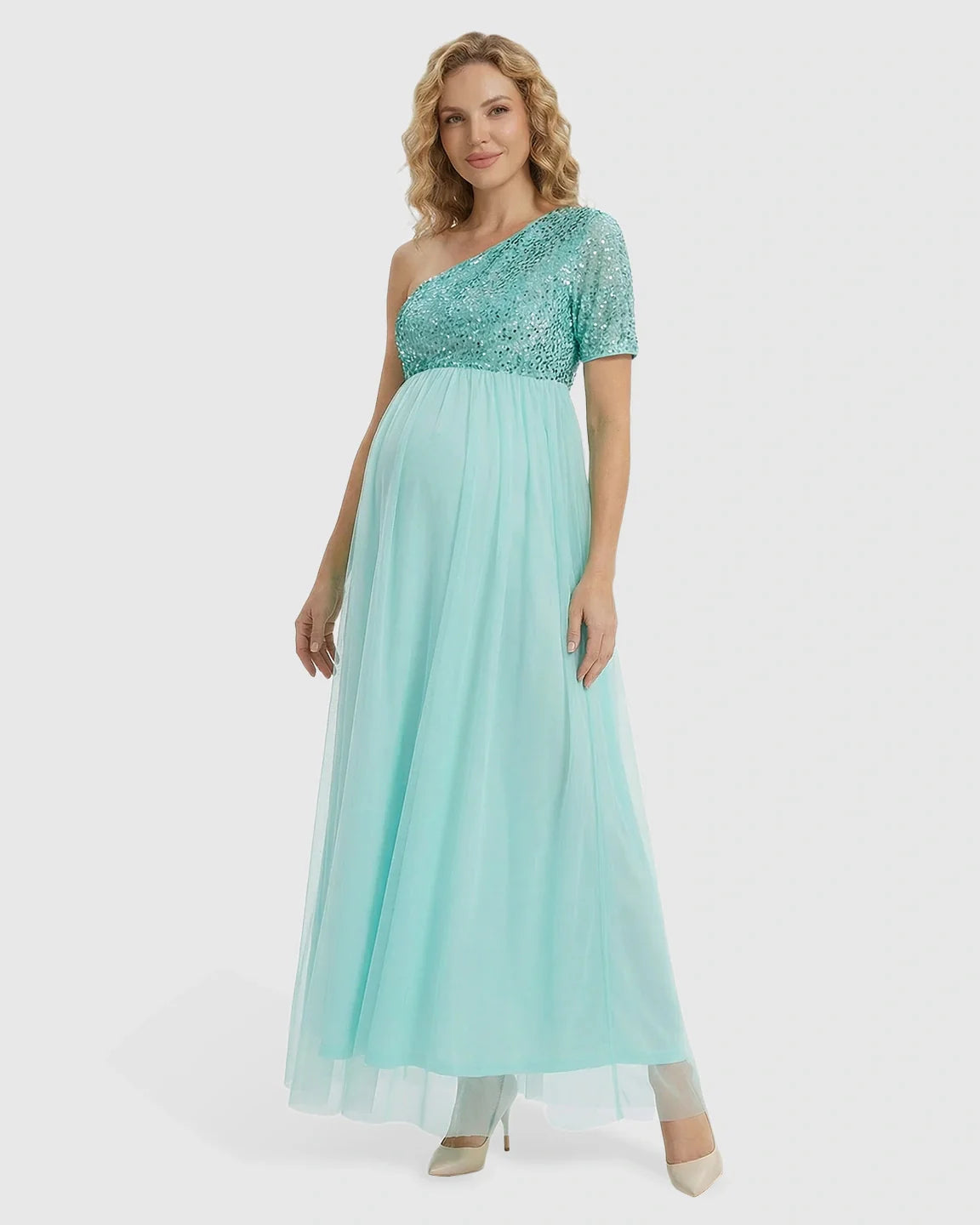 Bump Society – The Comfort Collection: Sequin One-Shoulder Flowy Maternity Maxi Dress