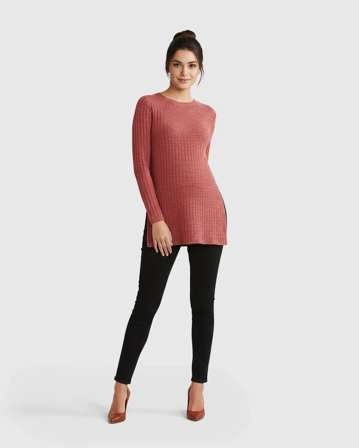 Bump Society – The Comfort Collection: Ribbed Knit Side-Slit Long Sleeve Maternity Top