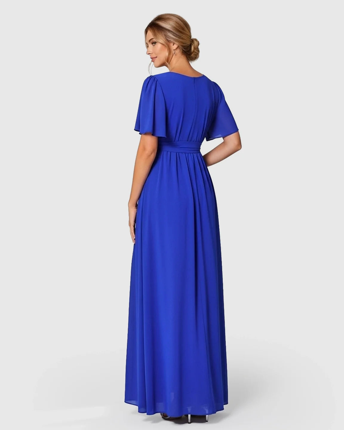 Blue V-neck flutter sleeve maternity maxi dress with empire waist and flowing skirt.